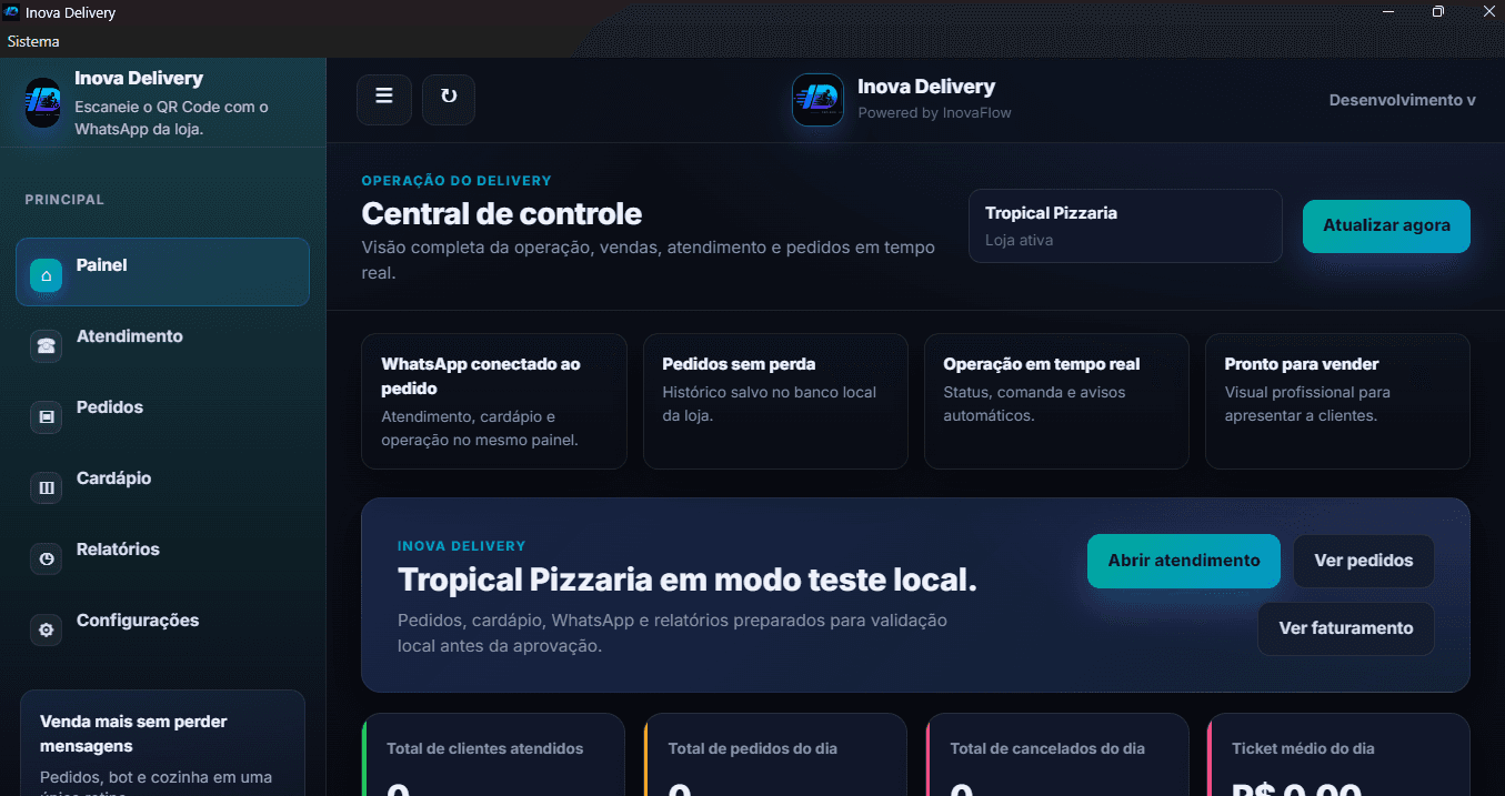 Painel principal real do Inova Delivery com menu lateral, central de controle, loja ativa e indicadores da operação.